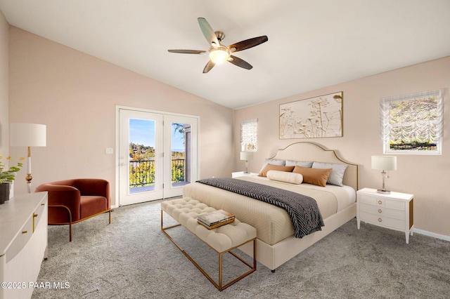 bedroom featuring vaulted ceiling, light carpet, access to exterior, and ceiling fan