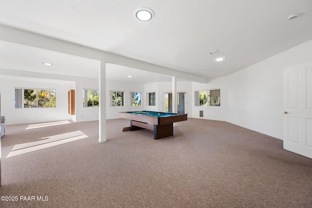 playroom with billiards and carpet flooring