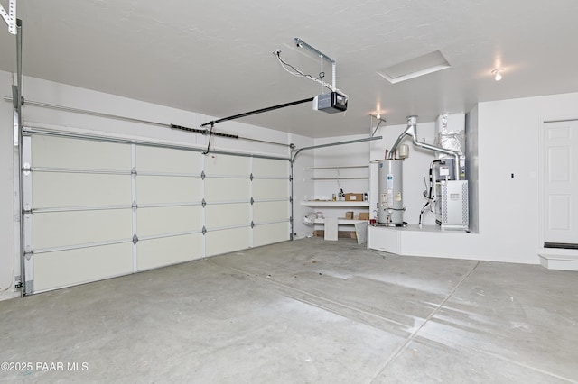 garage featuring gas water heater, heating unit, and a garage door opener