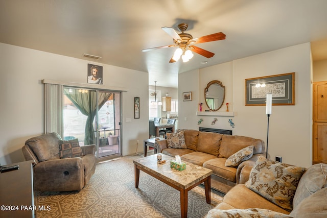 living room with ceiling fan