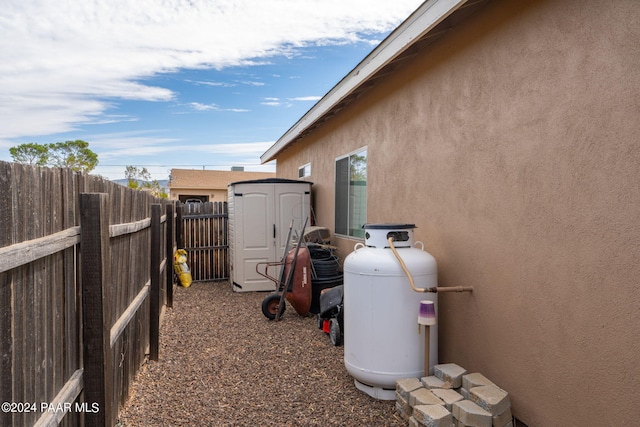 view of yard with a storage shed