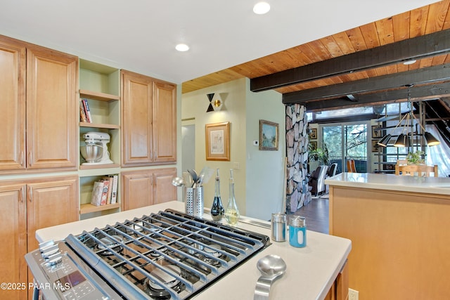 1520 W Sylvan Dr, Prescott, AZ 86305 - kitchen with open shelves, light brown cabinets, light countertops, beam ceiling, and recessed lighting