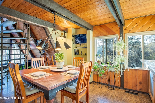 1520 W Sylvan Dr, Prescott, AZ 86305 - dining space featuring wood finished floors, wooden ceiling with exposed beams, and wooden walls
