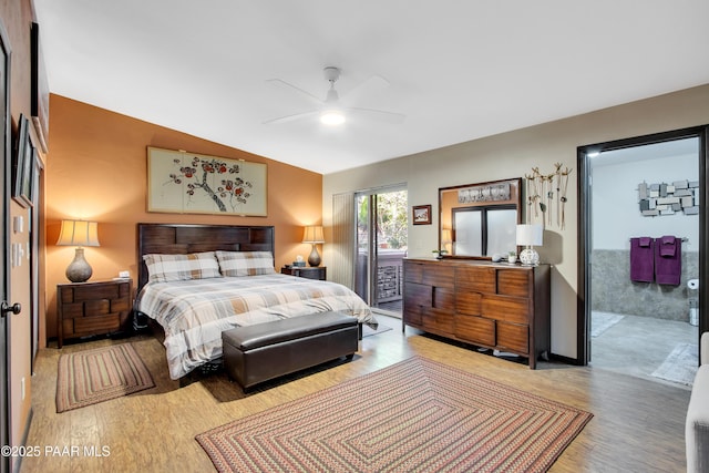 1520 W Sylvan Dr, Prescott, AZ 86305 - bedroom featuring light wood-type flooring, access to outside, vaulted ceiling, and ceiling fan
