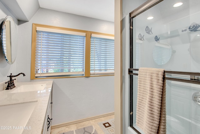 1520 W Sylvan Dr, Prescott, AZ 86305 - full bathroom with a stall shower, double vanity, and recessed lighting