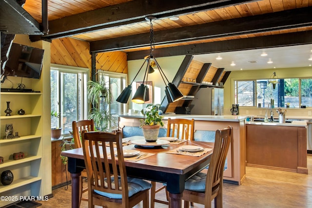 1520 W Sylvan Dr, Prescott, AZ 86305 - dining area featuring wooden ceiling with exposed beams, wood finished floors, plenty of natural light, and recessed lighting