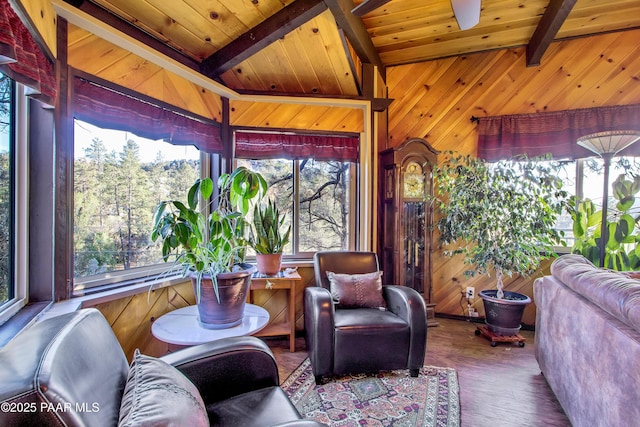 1520 W Sylvan Dr, Prescott, AZ 86305 - sunroom featuring wood finished floors, wood ceiling with exposed beams, and wood walls