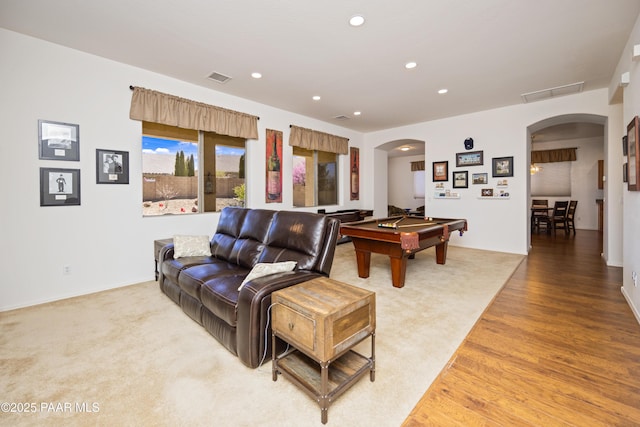 rec room featuring arched walkways, recessed lighting, pool table, visible vents, and wood finished floors