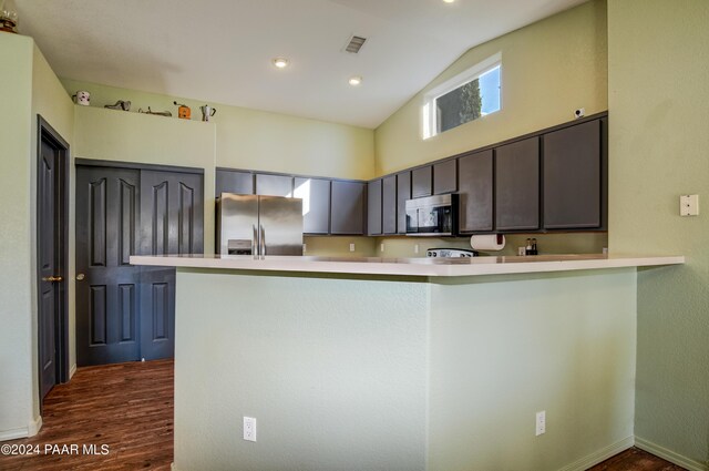 kitchen featuring kitchen peninsula, dark hardwood / wood-style floors, stainless steel appliances, and lofted ceiling