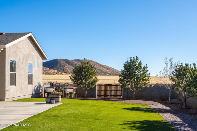 view of yard featuring a mountain view and a patio area