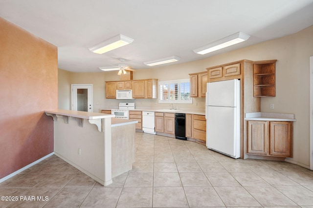 18900 N Butte Pass Rd, Prescott, AZ 86305 - kitchen with white appliances, a sink, a peninsula, light countertops, and open shelves