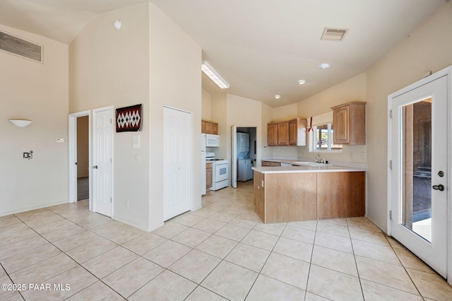 18900 N Butte Pass Rd, Prescott, AZ 86305 - kitchen featuring white appliances, a peninsula, light countertops, light tile patterned floors, and a sink