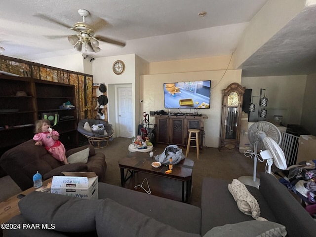 living room with carpet flooring and ceiling fan