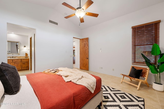 bedroom with ceiling fan, sink, high vaulted ceiling, ensuite bathroom, and light tile patterned floors