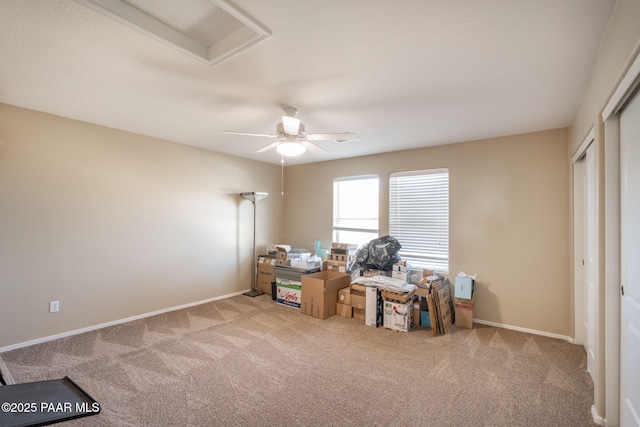 office space featuring a ceiling fan, carpet flooring, and baseboards