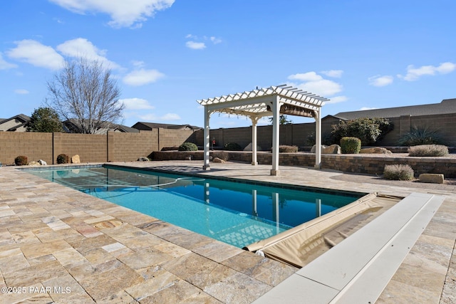 view of swimming pool featuring a patio area, a fenced in pool, a pergola, and a fenced backyard