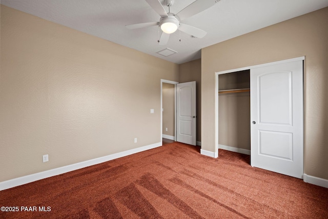 unfurnished bedroom featuring visible vents, baseboards, carpet floors, a closet, and a ceiling fan