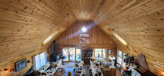 unfurnished living room featuring high vaulted ceiling, wooden walls, and wood ceiling