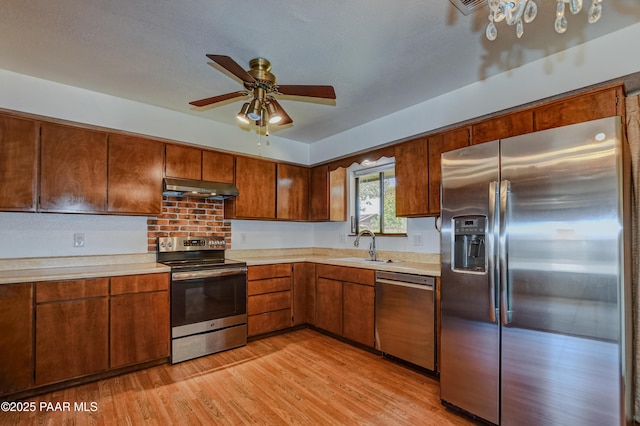 kitchen with under cabinet range hood, a ceiling fan, appliances with stainless steel finishes, and light countertops