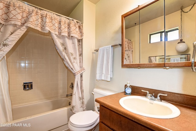 full bath featuring toilet, shower / bath combination with curtain, and vanity