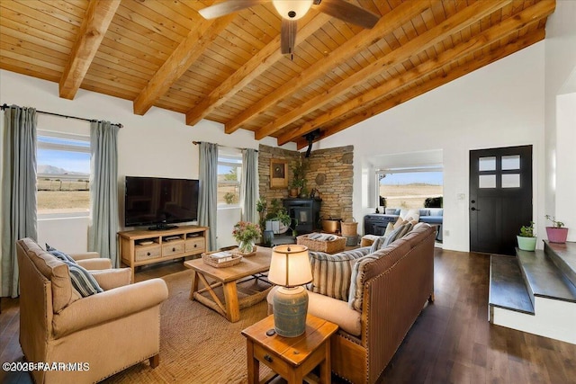 1445 S Table Mountain Rd, Chino Valley, AZ 86323 - living room with wood finished floors, wood ceiling with exposed beams, a wood stove, high vaulted ceiling, and a ceiling fan