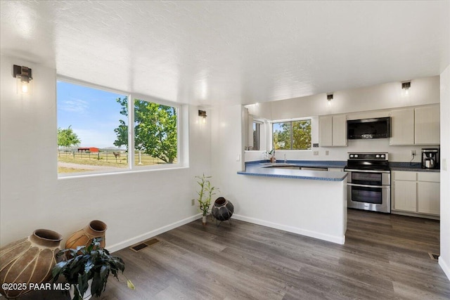 1445 S Table Mountain Rd, Chino Valley, AZ 86323 - kitchen with range with two ovens, a sink, dark wood-style flooring, dark countertops, and baseboards