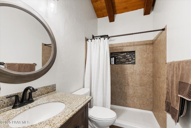1445 S Table Mountain Rd, Chino Valley, AZ 86323 - full bath with toilet, a tile shower, wood ceiling with exposed beams, and vanity