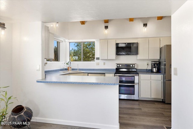 1445 S Table Mountain Rd, Chino Valley, AZ 86323 - kitchen with stainless steel appliances, dark wood finished floors, a peninsula, and a sink
