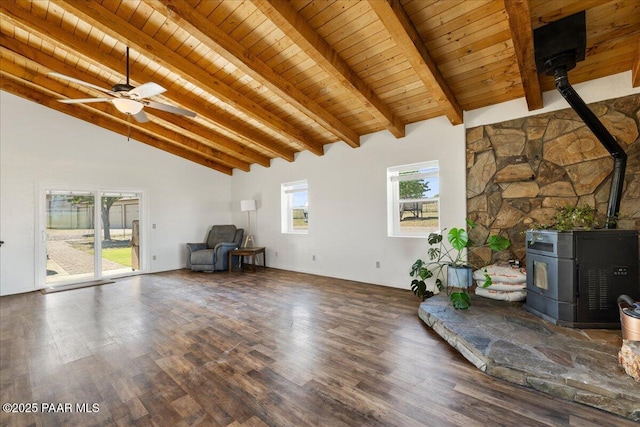 1445 S Table Mountain Rd, Chino Valley, AZ 86323 - living area featuring a wood stove, wood ceiling, wood finished floors, and a ceiling fan