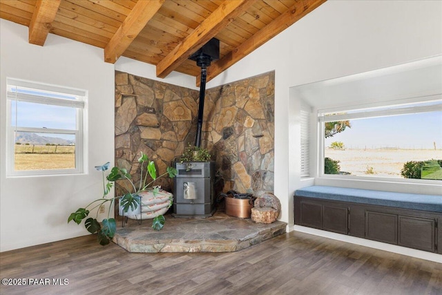 1445 S Table Mountain Rd, Chino Valley, AZ 86323 - detailed view of wooden ceiling with exposed beams, wood finished floors, a wood stove, and baseboards