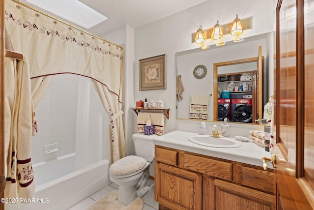 bathroom featuring tile patterned floors, toilet, vanity, and shower / bath combination with curtain