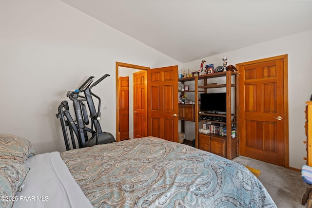 bedroom with carpet flooring and vaulted ceiling