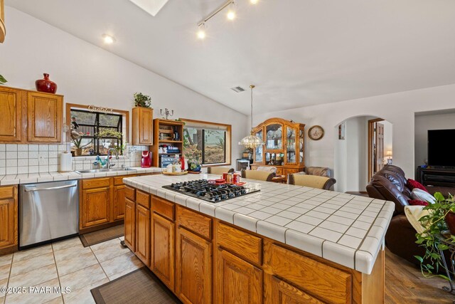 kitchen featuring open floor plan, lofted ceiling, arched walkways, stainless steel appliances, and a sink