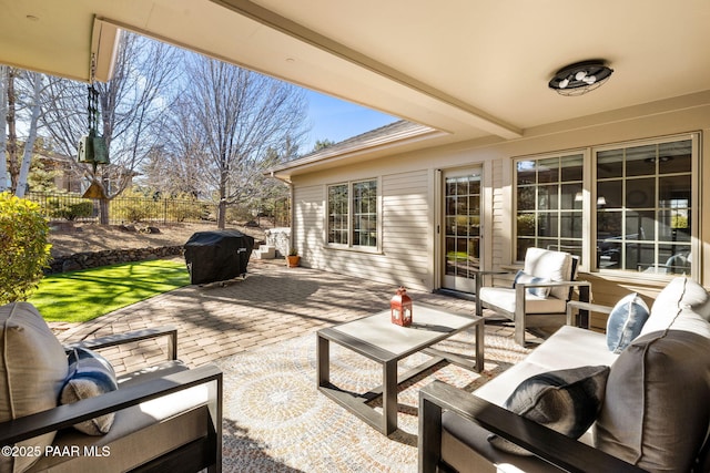 view of patio / terrace featuring an outdoor hangout area and grilling area