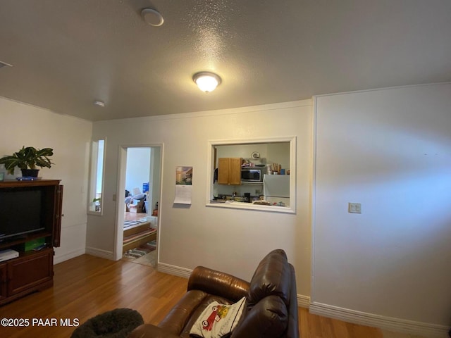 living room with baseboards and wood finished floors