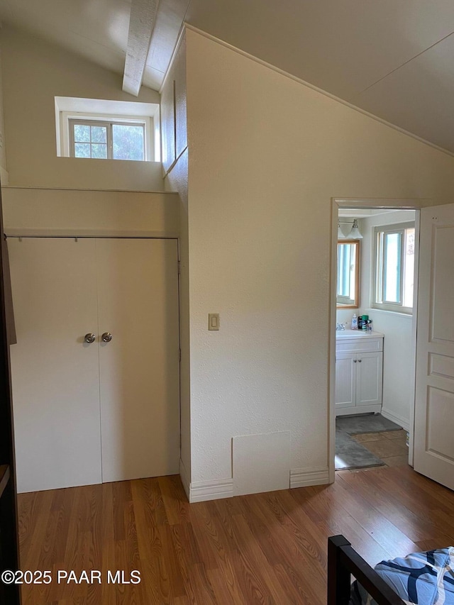 interior space featuring lofted ceiling and wood finished floors