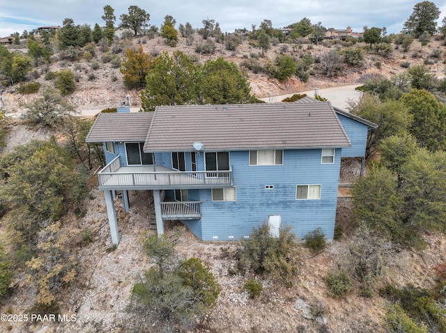 2312 Loma Vista Dr, Prescott, AZ 86305 - rear view of property featuring a tiled roof, a balcony, and a chimney