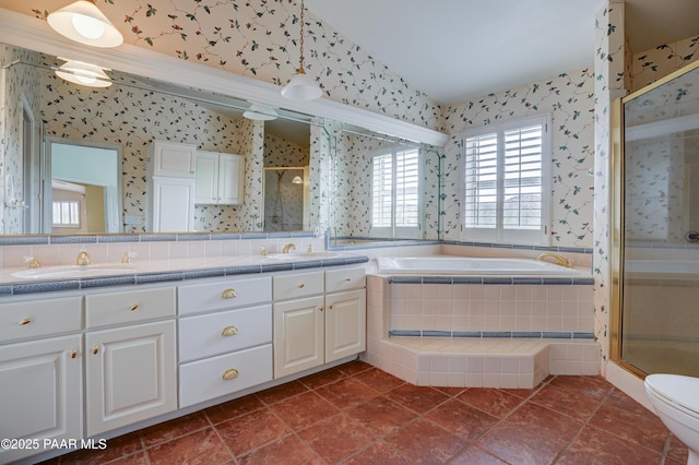 2312 Loma Vista Dr, Prescott, AZ 86305 - full bath featuring a stall shower, a sink, wallpapered walls, double vanity, and a bath