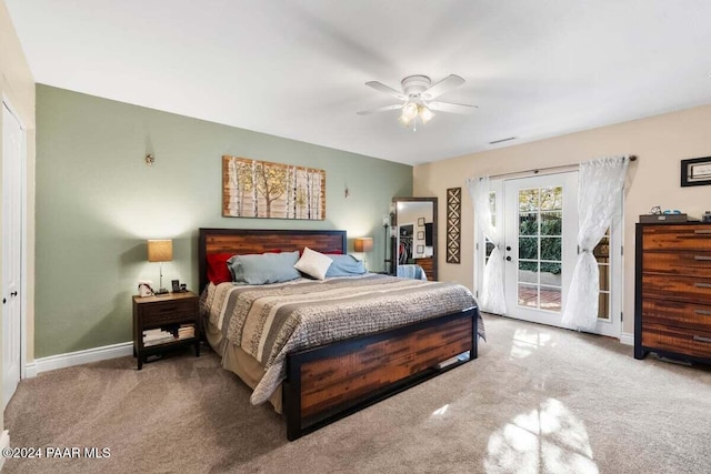 bedroom featuring a closet, access to outside, ceiling fan, and carpet floors