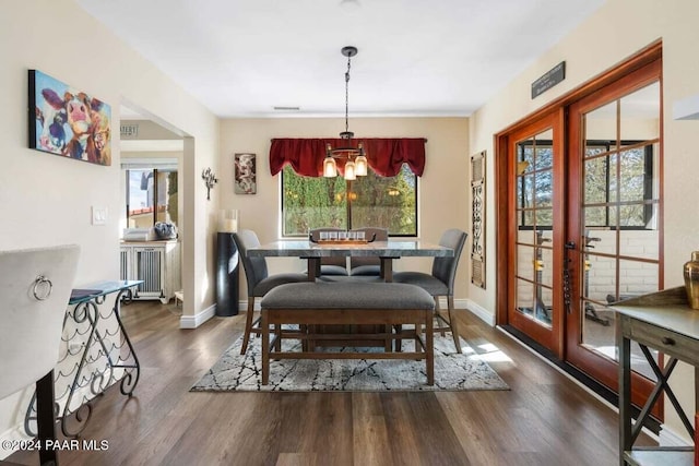 dining area featuring plenty of natural light, dark hardwood / wood-style floors, radiator, and french doors