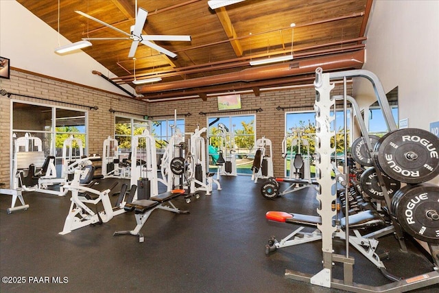 exercise room with ceiling fan, high vaulted ceiling, wooden ceiling, and brick wall