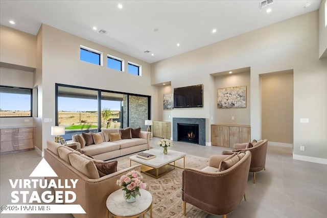 5285 High Cliff Way, Prescott, AZ 86301 - living room featuring light tile patterned floors and a towering ceiling
