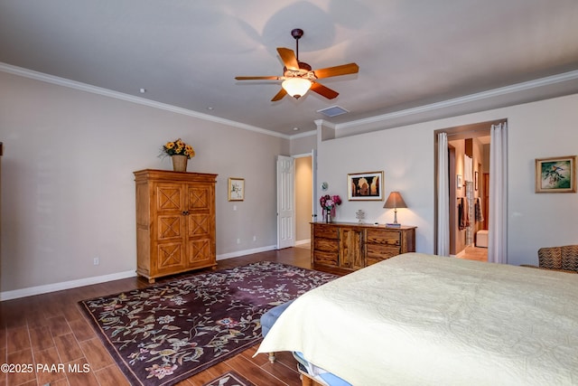 1021 Sheriffs Posse Trl, Prescott, AZ 86303 - bedroom with crown molding, wood finished floors, a ceiling fan, and ensuite bath