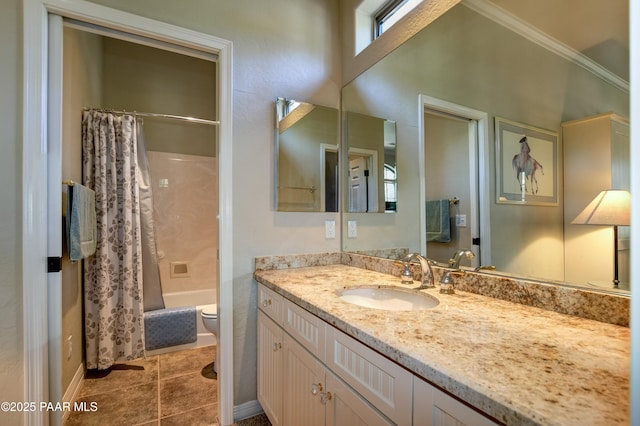 1021 Sheriffs Posse Trl, Prescott, AZ 86303 - full bathroom featuring vanity, shower / tub combo, tile patterned flooring, and ornamental molding