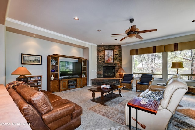 1021 Sheriffs Posse Trl, Prescott, AZ 86303 - living area featuring ornamental molding, a stone fireplace, ceiling fan, and recessed lighting