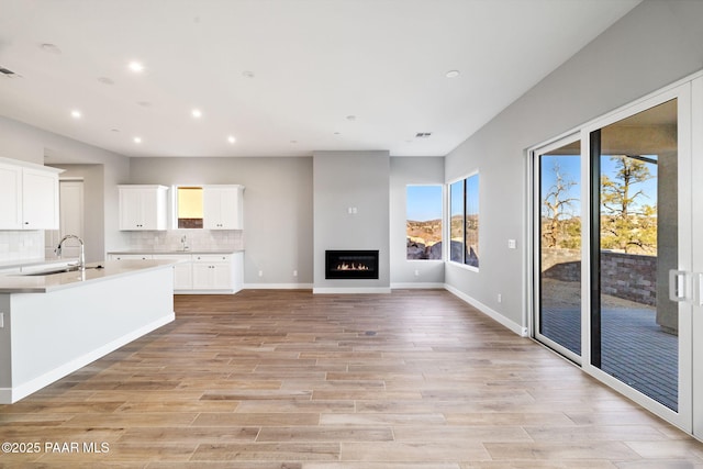 unfurnished living room with light hardwood / wood-style floors and sink