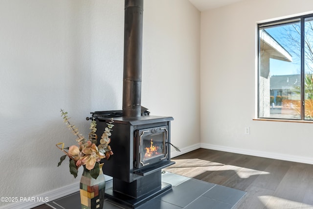 details with hardwood / wood-style floors and a wood stove