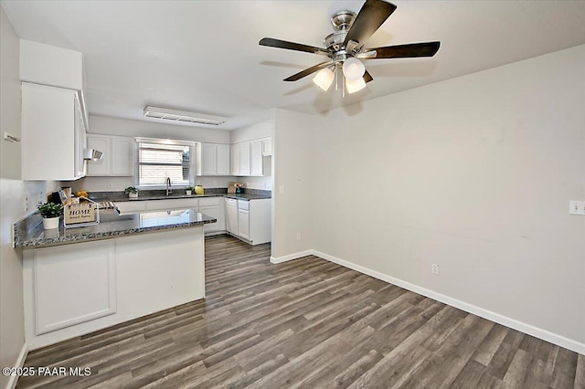 kitchen with white cabinetry, dark hardwood / wood-style flooring, dark stone countertops, sink, and kitchen peninsula