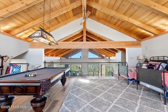 game room with beamed ceiling, wood-type flooring, wooden ceiling, and high vaulted ceiling