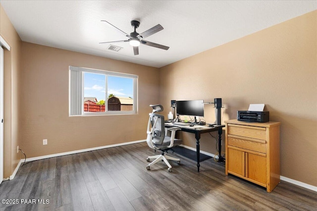 office area with ceiling fan, baseboards, visible vents, and wood finished floors
